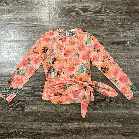 Ala Von Auersperg Mesh Top Taj‎ Floral Print Sheer Long Sleeve Tie Waist Pink M - Picture 4 of 16